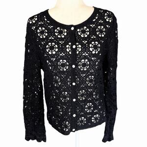 Fairy Season Golden Thread Vintage Wool Crochet Cardigan L Black Whimsigoth Goth